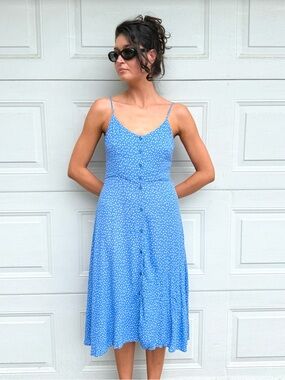 Blue Midi Sundress Button-Front Spaghetti Strap Breezy Simple Summer  Dress
